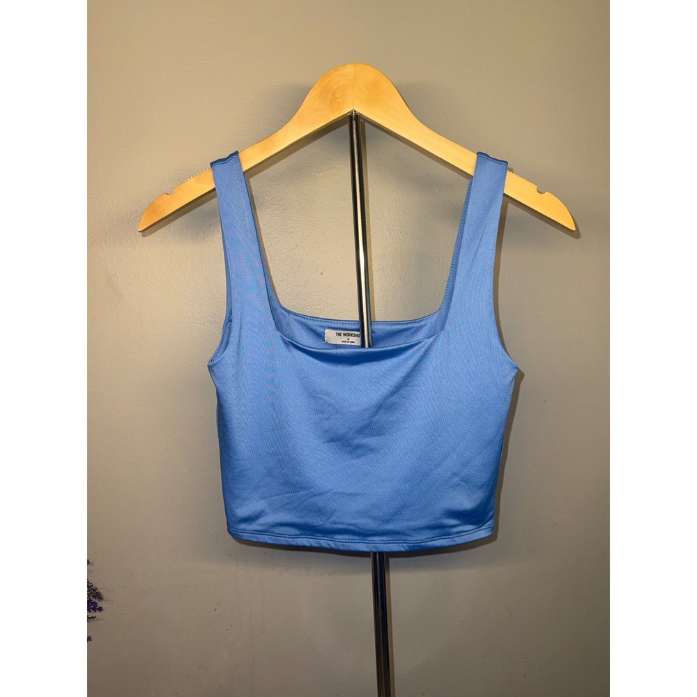 The Workshop Women Blue Square Neck Crop Tank Top Size M Slim Fit Sleeveless